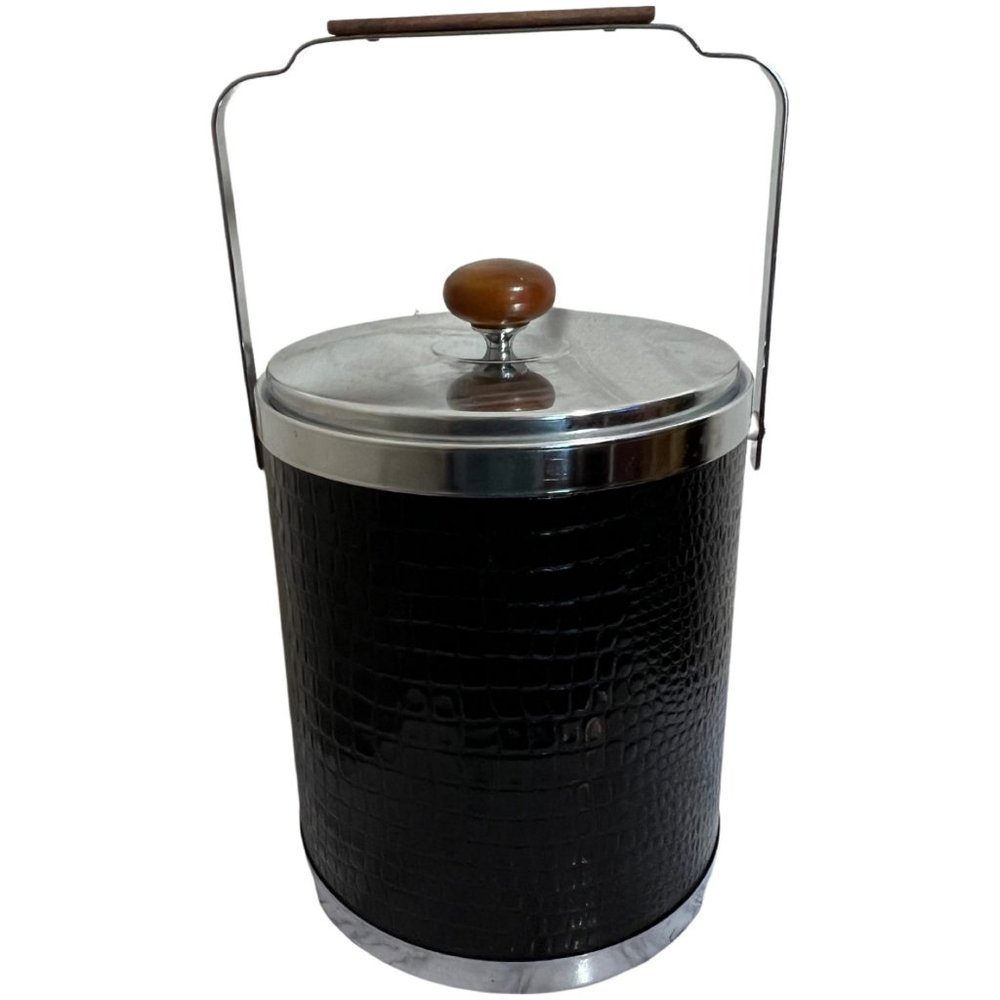 MCM Large Ice Bucket by Kromex  Chrome Wood and Croc Stamped Vinyl Bar Ware VTG